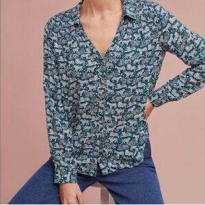 Maeve Anthropologie Emory Teal Tiger Print Button Front Blouse Top Size 2